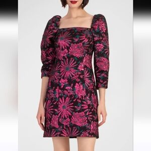 Trina Turk Black Dress with Pink Teal Floral Jacquard